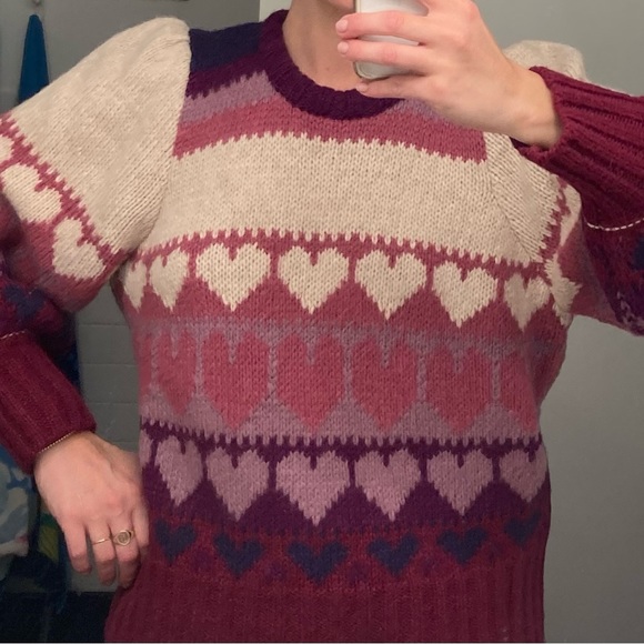 LoveShackFancy Prune/Multicolor Shirelle Heart Balloon-Sleeve Pullover Sweater - Picture 11 of 12